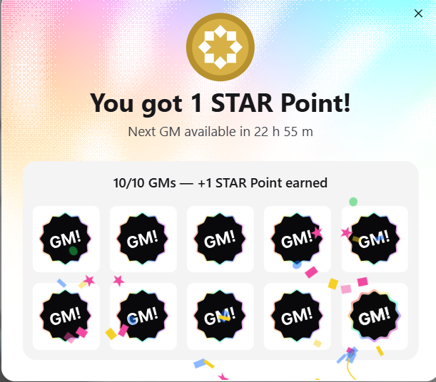 A gamification notification screen displays 'You got 1 STAR Point!' with '10/10 GMs — +1 STAR Point earned' and shows the next GM available in 22 h 55 m.