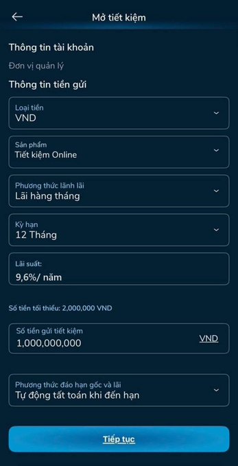 A Vietnamese banking app screen titled 'Mở tiết kiệm' (Open Savings) showing a 12-month online savings account in VND with 9.6% annual interest rate and a deposit of 1,000,000,000 VND.