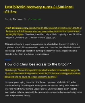 The image is a news article headline reading "Lost bitcoin recovery turns £1,500 into £3.3m," reporting on Chris, a British man who recovered 1 BTC originally purchased for £1,500 on Intersango in December 2011, with the article detailing how Intersango's 2014 collapse left his coins inaccessible for over a decade.