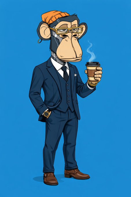 A cartoon monkey wearing a suit and orange beanie, holding a steaming cup of coffee.