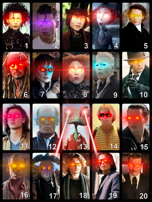 A grid of 20 numbered character portraits, each edited with glowing red, yellow, or orange laser eyes, featuring figures like Captain Jack Sparrow, John Wick, the Mad Hatter, Jack Skellington, the Riddler, and others, in a humorous meme format inviting viewers to choose their "pleb mode" for Bitcoin.