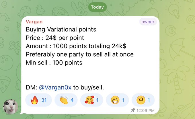 A Telegram message from user "Vargan" advertises selling 1,000 Variational points at $24 per point (totaling $24k), with a minimum sale of 100 points and instructions to DM "@Vargan0x" to buy/sell. The post complements this by promoting Variational as the largest perpetual DEX and offering a referral code "OMNIOLA" for a 15% boost on points and silver tier status.