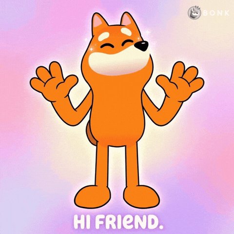 The image features a cartoon dog with its arms raised up, giving the impression of happiness or excitement. Below the dog's head, there is text that reads "hi friend." The background color of the image is pink, which complements the orange color of the dog and adds a cheerful atmosphere to the scene.