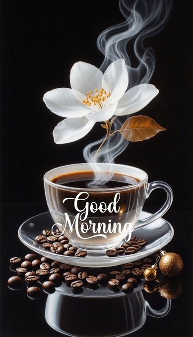 A steaming cup of coffee features "Good Morning" written on its side, topped with a blooming white flower and surrounded by scattered coffee beans. The image complements the post's morning greeting to the Web3 community, using the fresh start symbolism of coffee to reflect the message of new energy and quiet, meaningful building—aligning with the focus on Termix AI's work in agent commerce.
