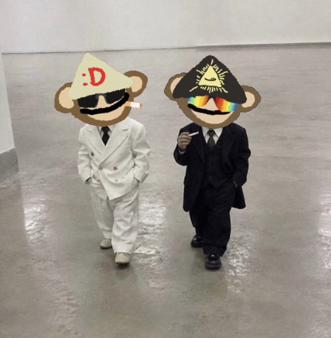 Two figures in suits (one white, one black) walk side by side; their faces are obscured by cartoon monkey heads with sunglasses, one featuring a triangle with ':D' and the other an all-seeing eye, both smoking cigarettes.