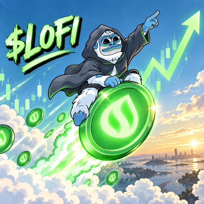 A cartoon illustration of a character riding a glowing green coin, with the text '$LOFI' and a green rising arrow over a cityscape and cloudy sky.