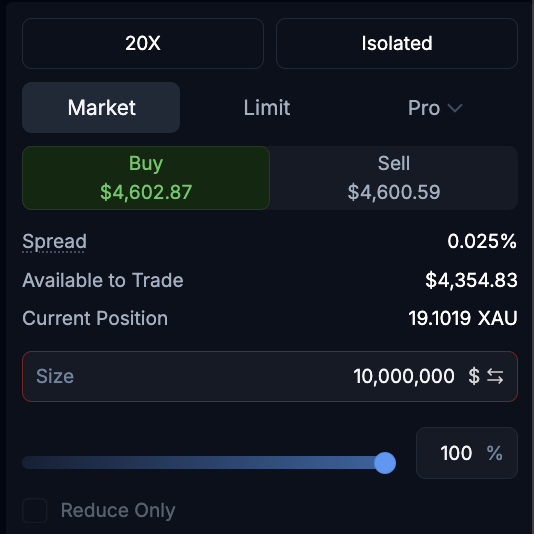 A screenshot of a trading interface shows 20X leverage and Isolated margin settings for a Market order, with Buy at $4,602.87 and Sell at $4,600.59, and a position size of 10,000,000.