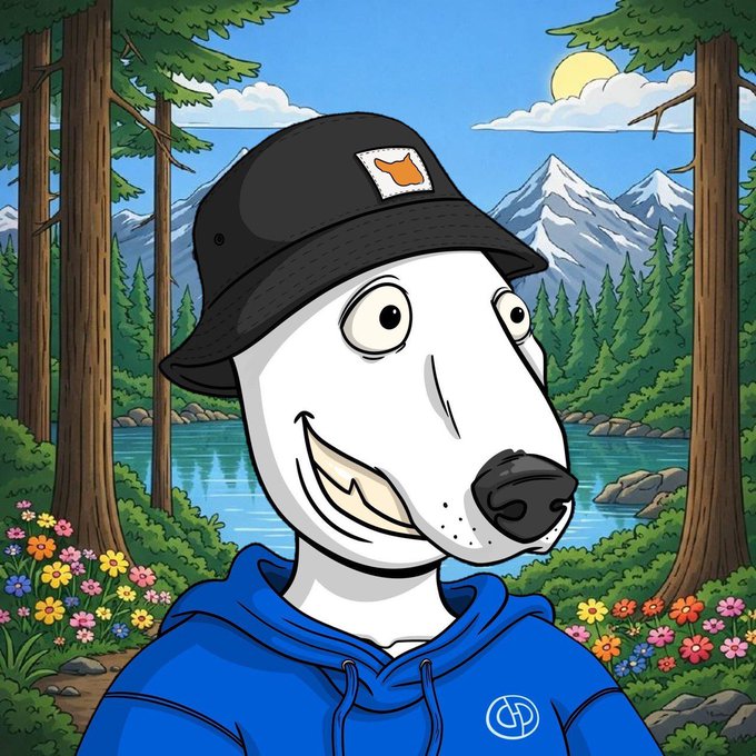 A cheerful cartoon white dog wearing a black cap with an orange state-of-shape patch and a blue hoodie featuring a "CG" logo stands smiling in a vibrant forest scene with mountains, a lake, wildflowers, and a bright sun, perfectly matching the "Good Morning CT, Have a Good Wednesday" greeting with its uplifting, sunny vibe.