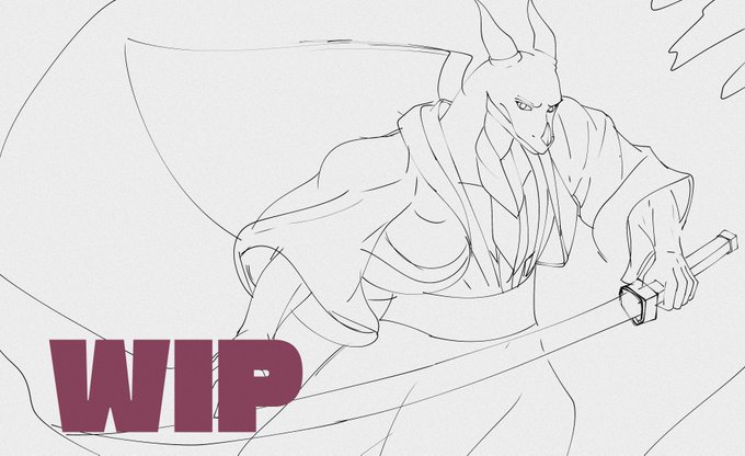 A line art sketch (WIP - Work in Progress) depicts an anthropomorphic horse character in robes wielding a katana, with 'WIP' in bold magenta letters.