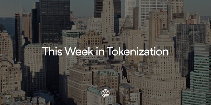 A skyline view of a dense cityscape serves as the backdrop for the title "This Week in Tokenization," visually tying the post about Ondo's partnerships with DTCC and SBI Group to themes of major financial markets and institutional adoption.