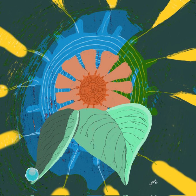 The image features an abstract art piece with a large sunflower at its center surrounded by various elements such as leaves and a ball. The background of the artwork is dark blue, creating a contrast that highlights the vibrant colors of the sunflower and other objects within the composition. The overall style of the artwork appears to be surrealistic or dreamlike, evoking a sense of wonder and curiosity about its meaning.