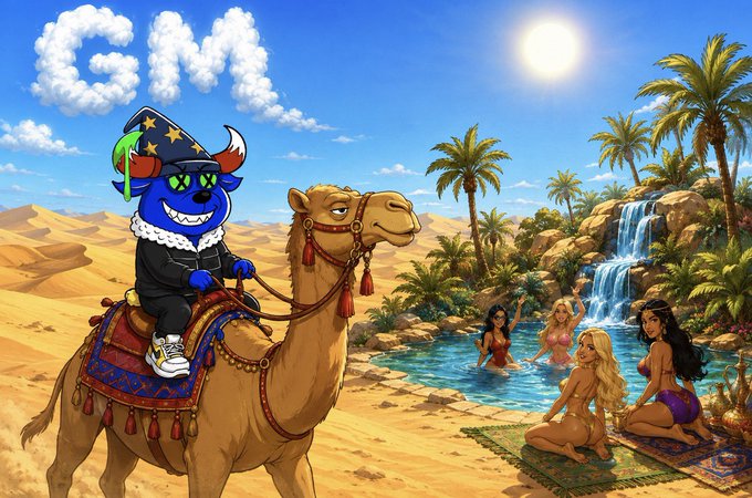 A whimsical illustration featuring a blue cartoon character wearing a wizard hat and sunglasses riding a camel in a desert setting with the word 'CW' in clouds, while three women in bikinis relax by an oasis pool with a waterfall in the background.