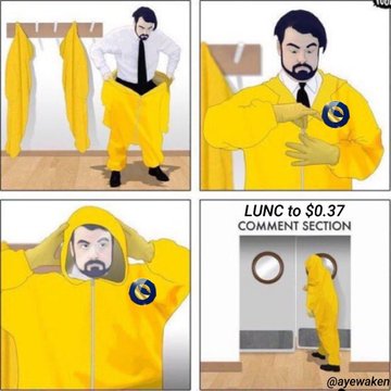 A bearded man transforms into a yellow hazmat suit featuring a crypto logo, culminating in a final panel labeled "LUNC to $0.37 COMMENT SECTION" showing him entering a door, symbolizing dedicated commitment to LUNC (and related tokens like wLUNA, USTC, JASMY, and ASTER) even amid market toxicity.