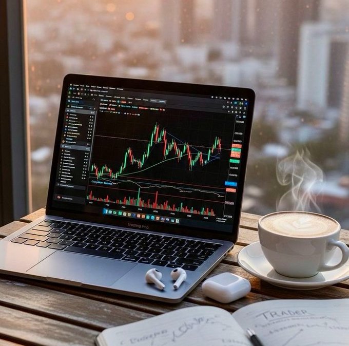 A laptop on a wooden desk displays a trading chart with red and green candlesticks and various indicators, accompanied by a steaming cup of coffee, wireless earbuds, a notebook labeled 'TRADER,' and a cityscape visible through the window.