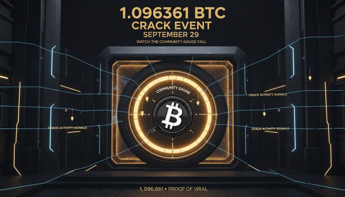 A sleek digital vault-style graphic announces the "1.096361 BTC CRACK EVENT" for September 29, featuring a glowing Bitcoin "B" emblem at the center of a "COMMUNITY GAUGE" flanked by "CRACK ACTIVITY SIGNALS" on either side. The futuristic design reinforces the post's message of an upcoming Bitcoin reward event tied to the @1096361BTC community, with the footer text "1,096,661+ PROOF OF VIRAL" tying into the ongoing participation theme.