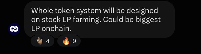 A Discord-style message screenshot displays the text "Whole token system will be designed on stock LP farming. Could be biggest LP onchain," with 4 moose emoji and 9 fire emoji reactions. The bold claim about launching the biggest onchain LP system relates to CashmereLabs ("The goats"), suggesting a promotional tease about an ambitious new liquidity farming initiative.