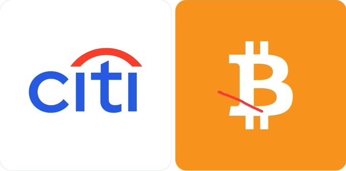 The image shows the Citi logo next to a Bitcoin (₿) symbol, visually representing the bank's new Custody+ service for digital assets. Together with the post, it highlights Citi's $2.89T-asset move into Bitcoin custody.