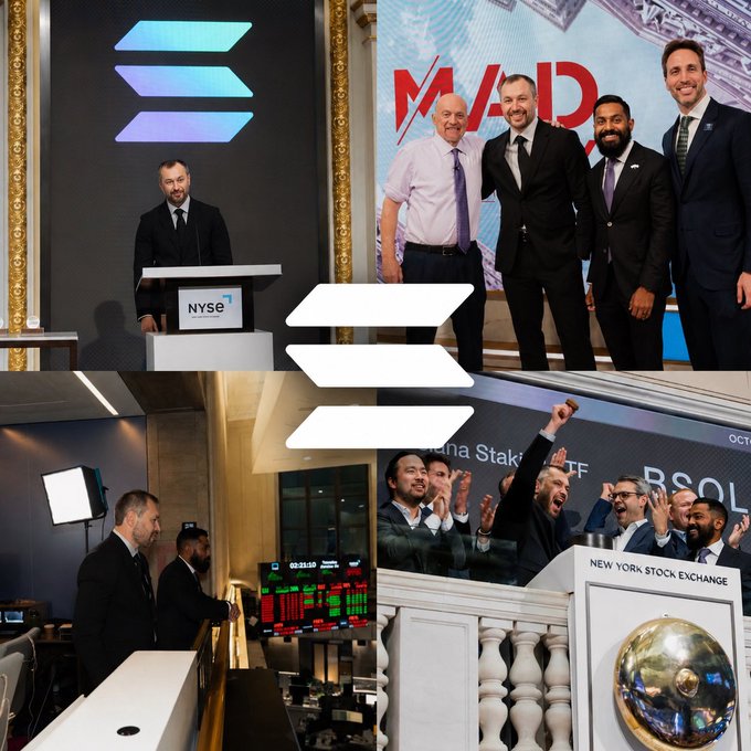 A collage of four images showing a Solana event at the New York Stock Exchange, featuring co-founder Anatoly Yakovenko at the NYSE podium, group photos with "SOL" and "Solana Stake ETF" signage, and a celebratory moment with executives raising their fists at the iconic NYSE bell—capturing the milestone of Solana's NYSE appearance.