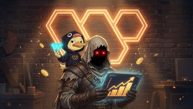 A similar crypto illustration featuring a hooded figure with red glowing eyes holding a tablet displaying a rising chart, with the duck mascot perched on their shoulder holding blue crystals, set against a brick wall with a neon geometric logo.