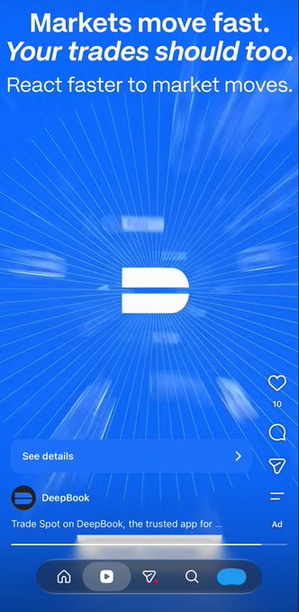 A mobile ad for 'DeepBook' displays the text 'Markets move fast. Your trades should too. React faster to market moves' against a blue background with a stylized 'D' logo.