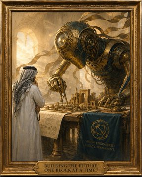 A framed steampunk-style painting showing a robed figure working on an intricate model city, with a large mechanical entity behind them and the caption 'BUILDING THE FUTURE, ONE BLOCK AT A TIME.'