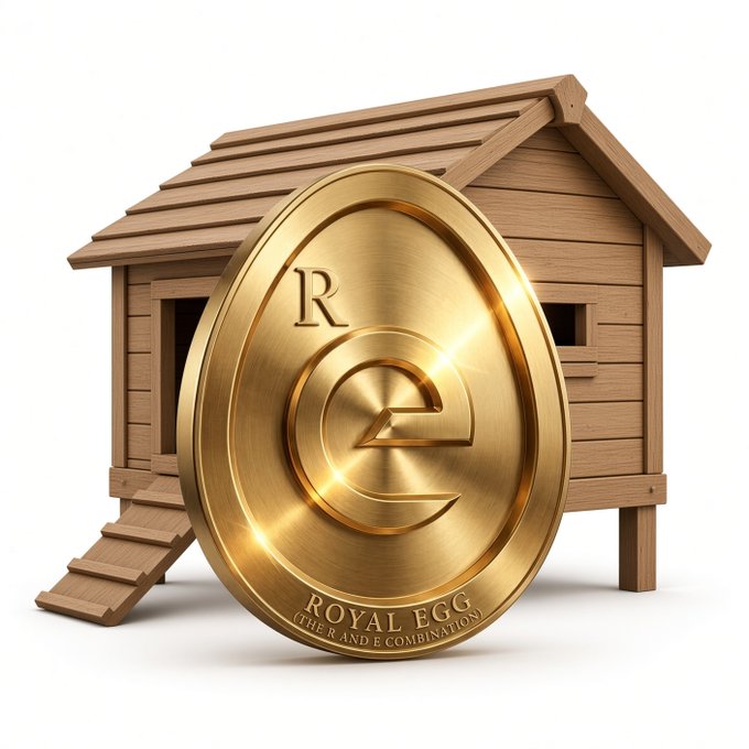 A shiny gold coin engraved with "R", "e", and "ROYAL EGG (THE R AND E COMBINATION)" leaning against a small, empty wooden chicken coop on a white background.