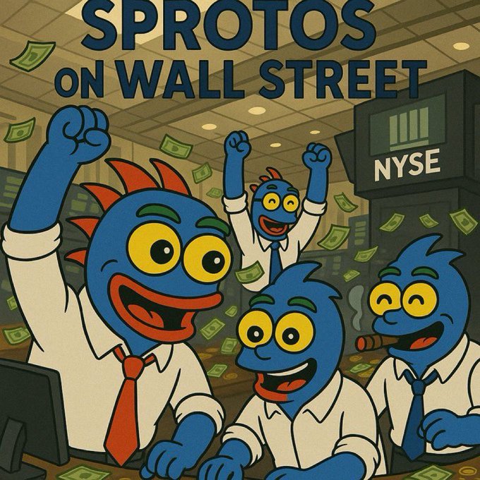 A cartoon-style illustration titled 'SPROTOS ON WALL STREET' showing four blue creature characters dressed as Wall Street traders celebrating with raised fists amid flying money, with an 'NYSE' sign in the background.