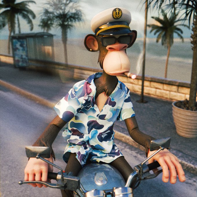 The image features a cartoon monkey sitting on top of a motorcycle, wearing sunglasses and a hat with a naval emblem. The background includes palm trees and a building, creating an urban setting for the scene. The caption "ATTENTION!! FLOOR BAYC" is present in the image, which could be a reference to the floor or a specific location within that area.