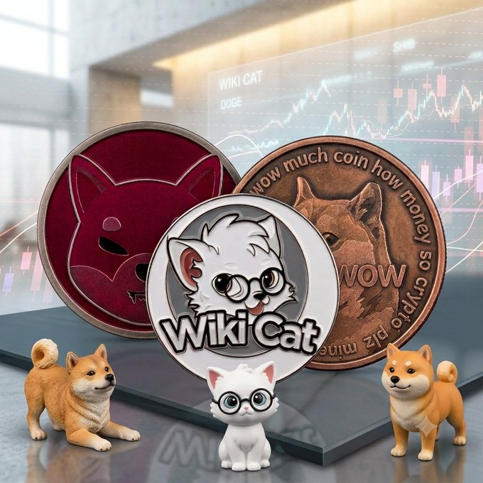 Three meme coins are displayed as physical tokens — a red Shiba Inu coin labeled "WIKI CAT DOGE," a Dogecoin-style coin reading "wow much coin how money so crypto," and a central "Wiki Cat" coin featuring a bespectacled white kitten — flanked by figurines of a Shiba Inu, a white cat, and another Shiba, visually representing the choice between $SHIB, $DOGE, and $WKC. A trading chart glows in the background.