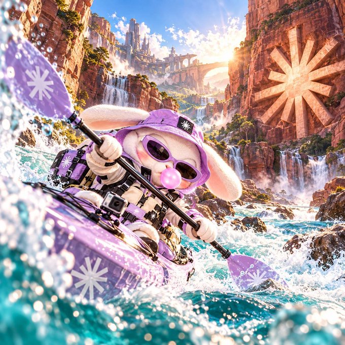 A whimsical 3D-rendered image showing a white rabbit character wearing purple sunglasses and a purple hood, kayaking through whitewater rapids with a paddle, set against a fantasy landscape with cliffs, waterfalls, and a sun symbol carved into a cliff.