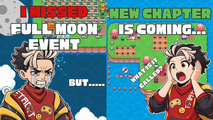 A YouTube thumbnail showing two anime-style characters with text reading 'I MISSED FULL MOON EVENT', 'BUT......', 'NEW CHAPTER IS COMING...', and 'WHAT IS IT CALLED?'