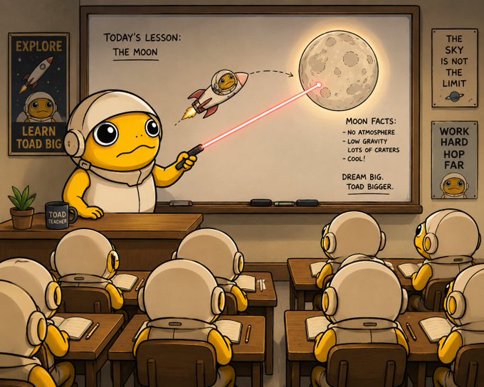 A cartoon illustration of a yellow toad teacher wearing a spacesuit in a classroom, pointing a laser at a whiteboard diagram of the moon, with toad students seated at desks.