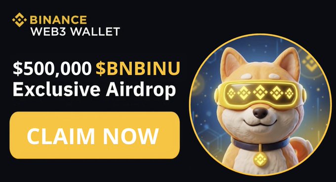 A promotional banner for a "$500,000 $BNBINU Exclusive Airdrop" via Binance Web3 Wallet featuring a Shiba Inu mascot wearing gold Binance-themed VR goggles, with a yellow "CLAIM NOW" call-to-action button, which aligns with the accompanying post's instructions on how to participate in the $BNBINU token giveaway.