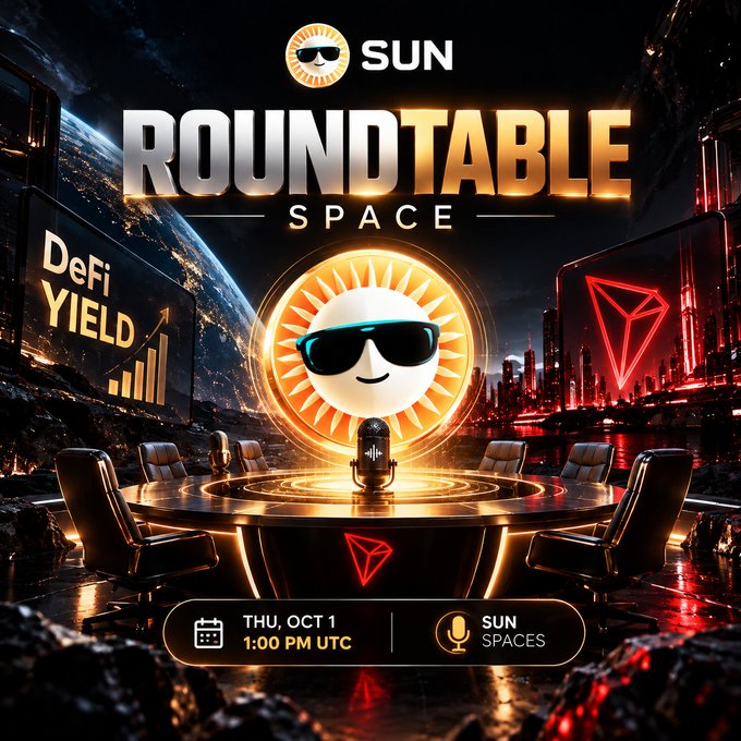 Promotional graphic for a SUN.io Twitter/X Spaces roundtable discussion titled "ROUNDTABLE SPACE," featuring the SUN sunglasses-wearing sun mascot at a futuristic round table with a microphone. The event is scheduled for Thursday, October 1st at 1:00 PM UTC, with on-screen text highlighting "DeFi YIELD" and the Tron (TRX) logo, tying into the DeFi yield discussion.