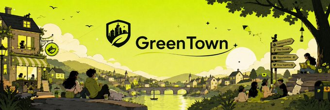 The image is a vibrant, illustrated banner showcasing a peaceful green-toned townscape with people relaxing by a river, featuring the "Green Town" logo prominently in the center. It visually represents the new branding the post introduces as a replacement for the company's previous name that conflicted with Robinhood's branding.