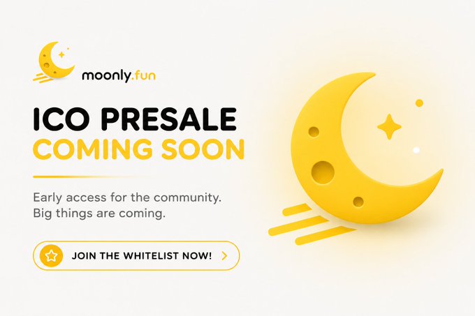 An ICO presale announcement banner for 'moonly.fun' featuring a yellow crescent moon graphic and the text 'ICO PRESALE COMING SOON' with a call-to-action button reading 'JOIN THE WHITELIST NOW!'.