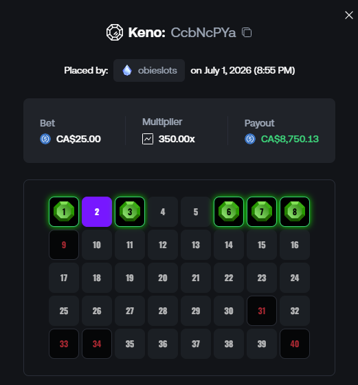 Stake.com Keno bet history showing a CA$25.00 bet on numbers including 2, hitting a 350.00x multiplier for a CA$8,750.13 payout, placed by obieslots on July 1, 2026.