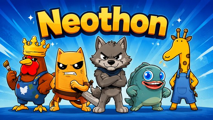A colorful cartoon banner titled 'Neothon' features five characters: a crowned rooster, an angry yellow cat with a sword, a gray wolf, a smiling blue creature, and a giraffe in overalls.