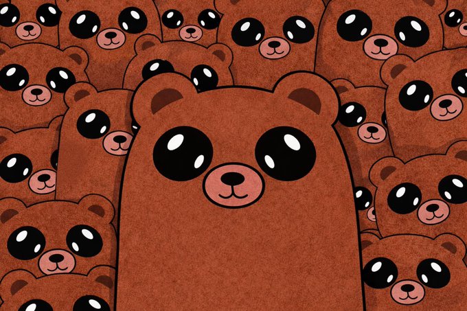 The image features a large group of brown bears with big eyes and black noses, all facing different directions. The bears are arranged in various positions, creating an interesting visual effect. The caption below the image reads "Around 2 years ago, we launched Fwog and it went on to become one of the biggest memes in crypto. Now the Fwog team is launching Bwog the bear on USDC". This text connects the bears in the image with a popular meme or cryptocurrency trend that started around two years ago.