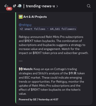 A Discord channel "#trending-news-x" shows a post by @rektguy announcing the launch of Rekt Mkts Pro subscriptions and $REKT token buybacks, designed to drive engagement and growth, while the accompanying post adds insider context about a 10K supply NFT whitelist mint for $88 premium subscribers via DC.