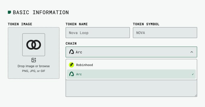 A token creation form for "Nova Loop" (NOVA) is displayed, showing the chain selection dropdown with "Arc" highlighted as the chosen blockchain. The image illustrates the post's announcement that Full.fun now supports launching meme coins on the Arc chain, demonstrating the platform's new multi-chain capability.