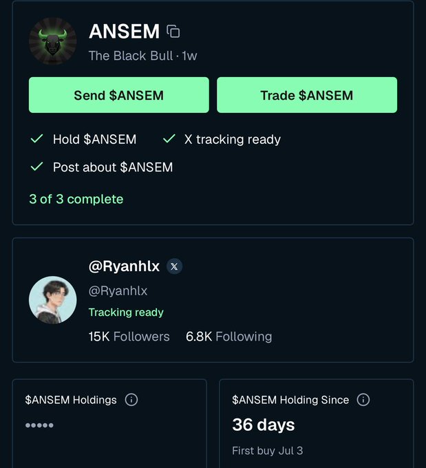 The image shows a crypto portfolio tracker displaying $ANSEM holdings with "3 of 3 complete" tasks (Hold $ANSEM, X tracking ready, Post about $ANSEM) and a @Ryanhlx account with 15K followers, noting holdings for 36 days since first buy on July 3. This supports the post's claim of being a "day one $ANSEM supporter" by visually confirming the extended 36-day holding period and completed engagement milestones.