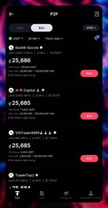 A Vietnamese-language P2P cryptocurrency trading interface showing USDT sellers with rates around 25,685 VND per USDT, including merchants like Seal6-Socola and Pi Capital.