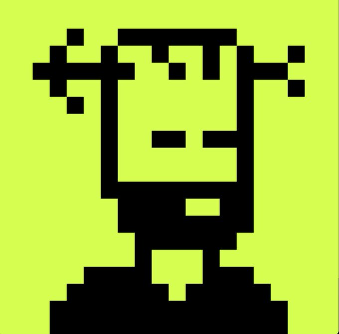 A pixel-art style minimalist portrait in black on a bright yellow-green background, depicting a figure with squared hair and shoulders.