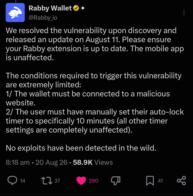 A screenshot of a tweet from @Rabby_io announcing that a security vulnerability in the Rabby Wallet browser extension was resolved with an August 11 update, noting that triggering the exploit required the wallet to be connected to a malicious site while using a specifically 10-minute auto-lock timer, and that no exploits have been detected in the wild.