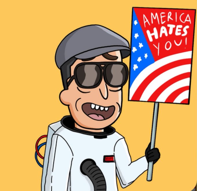 A cartoon character wearing a spacesuit and sunglasses, holding a sign styled like an American flag that reads 'AMERICA HATES YOU!'.