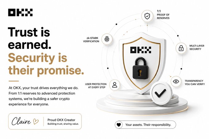 A promotional graphic for OKX featuring the headline "Trust is earned. Security is their promise." alongside a central shield-and-padlock icon surrounded by four security feature callouts: "1:1 PROOF OF RESERVES," "MULTI-LAYER SECURITY," "TRANSPARENCY YOU CAN VERIFY," and "USER PROTECTION AT EVERY STEP," with "zk-STARK VERIFICATION" noted at the top.

The image reinforces the post's message about verifying—not just promising—trust by visually mapping out OKX's concrete security pillars, directly supporting the argument that platforms must demonstrate verifiable safeguards rather than rely on vague assurances.