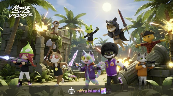 A dynamic promotional image for "Mars Cats Voyage" on Nifty Island showcases anthropomorphic cats and a fox character in an action-packed jungle scene wielding weapons like energy swords and guns, with "nifty island" branding visible at the bottom. The post's hype about Nifty Island V2 and upcoming alpha aligns with the vibrant, game-ready artwork teasing the platform's web3 gaming experience.