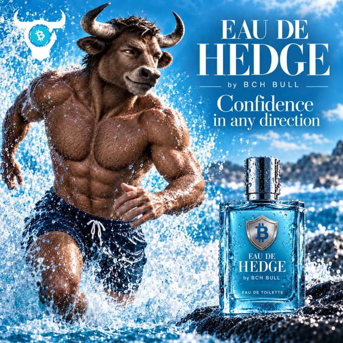 A satirical advertisement for 'EAU DE HEDGE by BCH BULL' features a muscular bull-human hybrid running through water splashes, with a Bitcoin logo and the tagline 'Confidence in any direction'.