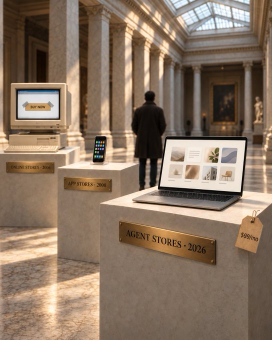 A museum-like display featuring a vintage computer, a smartphone, and a laptop on pedestals with plaques labeled 'ONLINE STORES - 2016', 'APP STORES - 2008', and 'AGENT STORES - 2026' with a $99/mo tag.